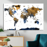 MGV-CV-36X24 - World Map Wall Art Canvas Print, Framed Blue Gold Map Art Picture Print, Rustic Atlas Perfect Rustic Modern Decor Artwork