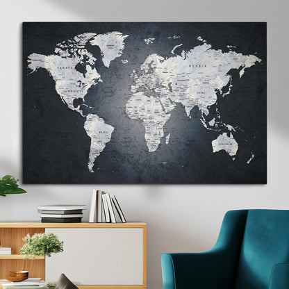 MGV-CV-36X24 - Monochrome World Map Wall Art Canvas Print, Framed Minimalist Map Art Picture Print, Modern Atlas Perfect Modern Minimalist Decor Artwork