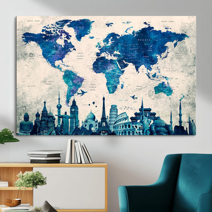 MGV-CV-36X24 - Blue World Map Wall Art Canvas Print, Framed Iconic Landmarks Art Picture Print, Blue Globe Map Perfect Elegant Explorer Decor Artwork