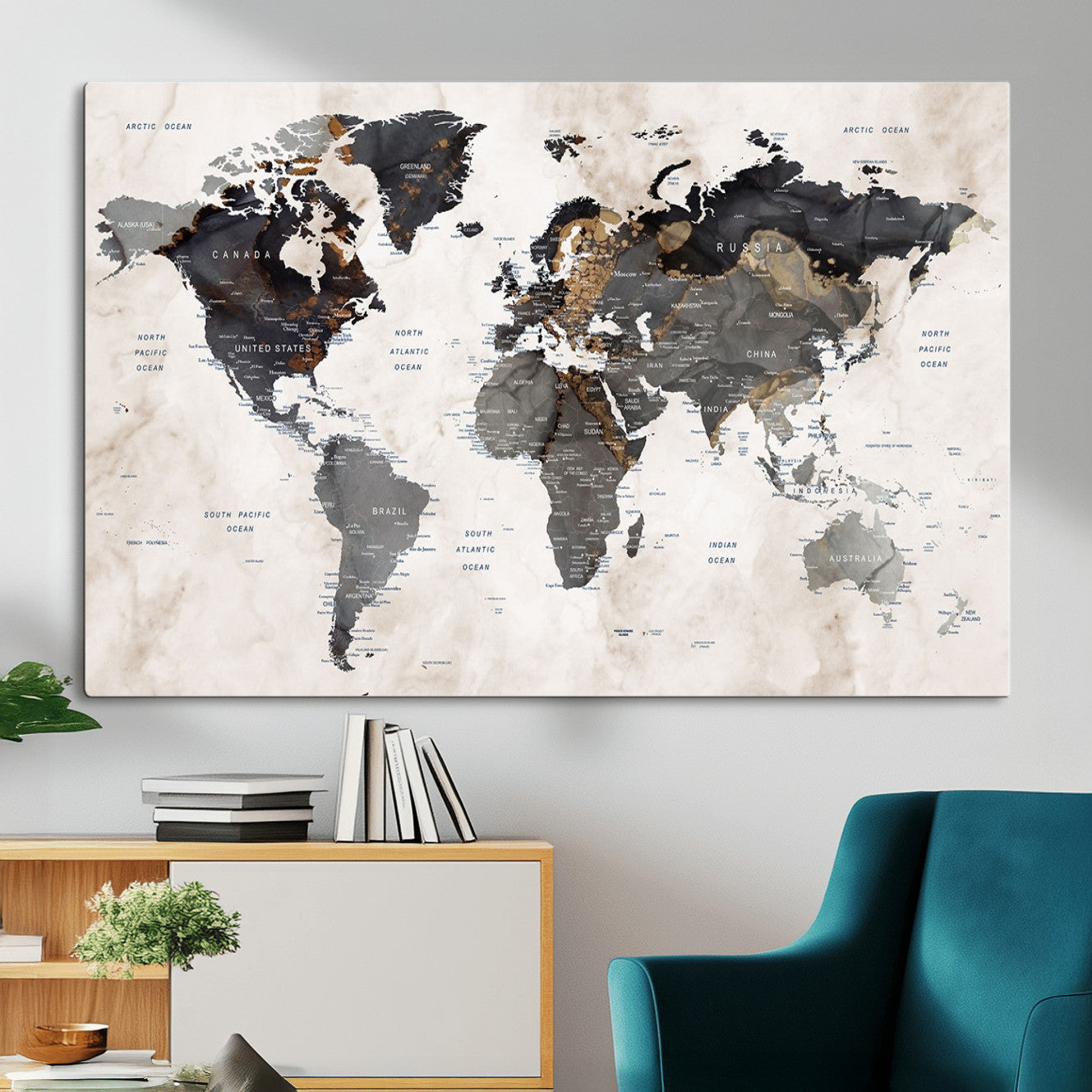 MGV-CV-36X24 - World Map Wall Art Canvas Print, Framed Rustic Map Art Picture Print, Antique Map Perfect Rustic Explorer Decor Artwork