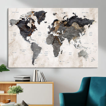 MGV-CV-36X24 - World Map Wall Art Canvas Print, Framed Rustic Map Art Picture Print, Antique Map Perfect Rustic Explorer Decor Artwork