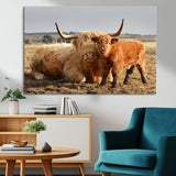 88780-MGV-CV-36X24-Highland Cow Wall Art Canvas Print, Framed Cow Calf Art Picture Print, Scottish Cattle Perfect Rustic Farmhouse Decor Artwork