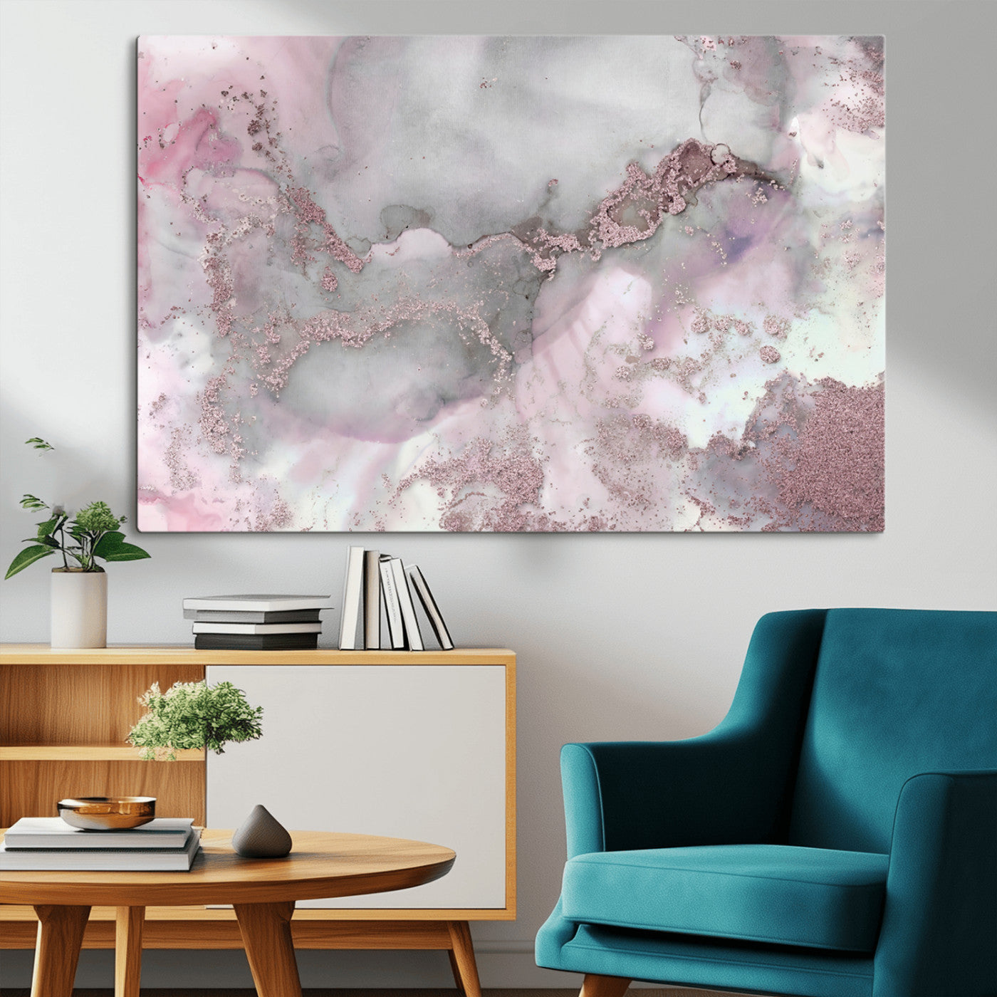 16416-MGV-CV-36X24-Blush Marble Wall Art Canvas Print, Framed Rose Gold Art Picture Print, Pink Cloudy Perfect Modern Glam Decor Artwork
