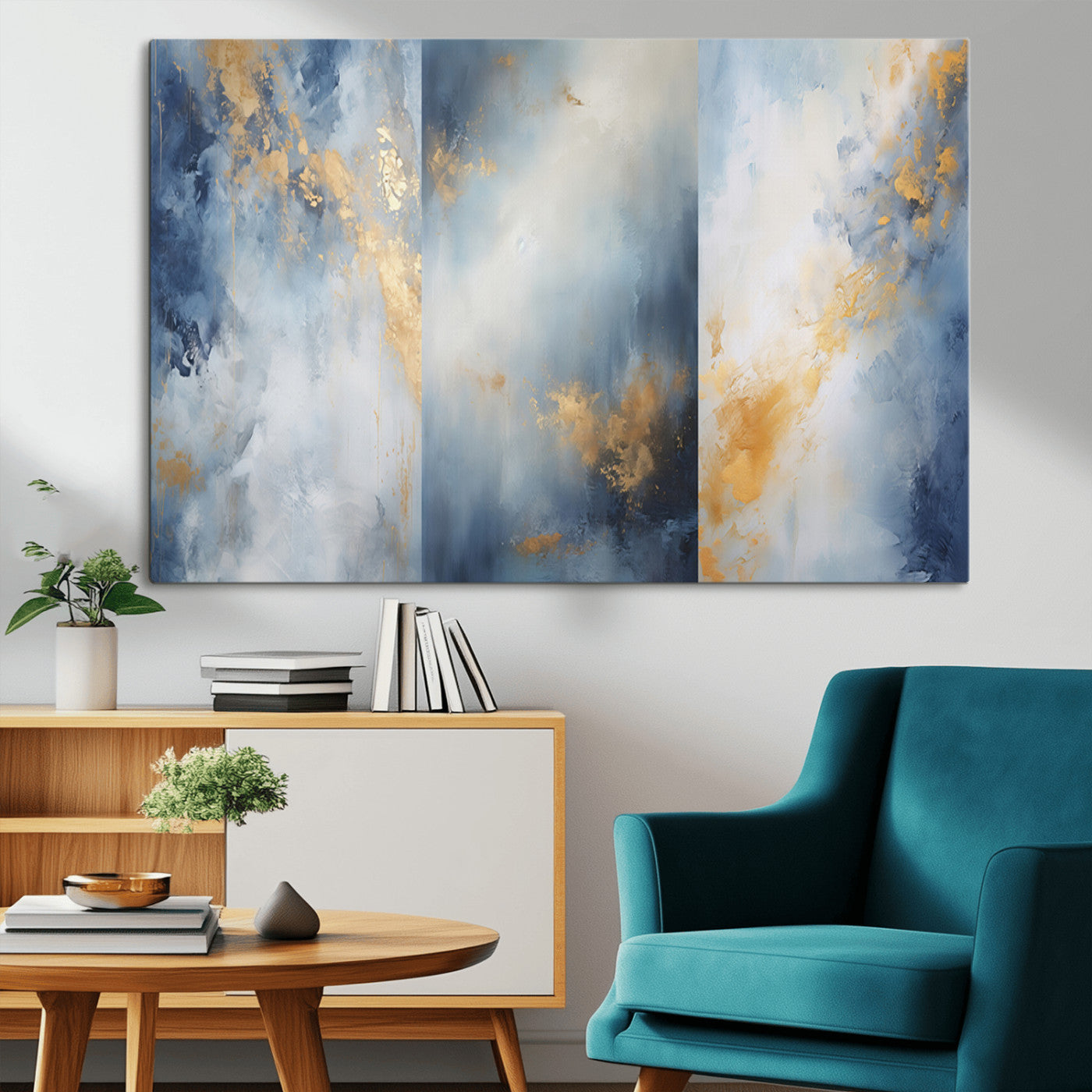 41836-MGV-CV-36X24-Abstract Gold Wall Art Canvas Print, Framed Blue Layers Art Picture Print, Elegant Cloud Perfect Elegant Minimalist Decor Artwork
