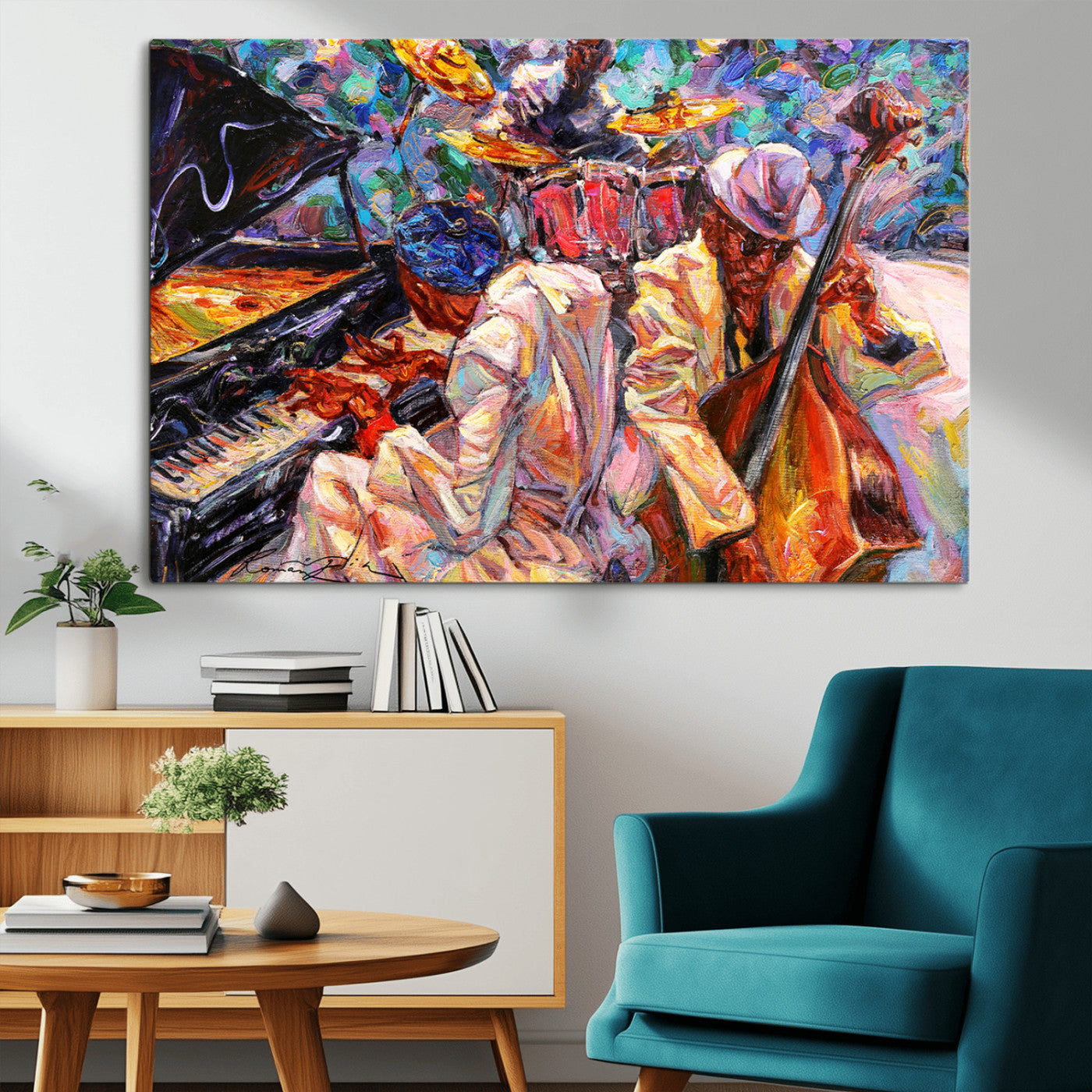 13675-MGV-CV-36X24-Jazz Band Wall Art Canvas Print, Framed Jazz Oil Painting Art Picture Print, Vibrant Music Perfect Abstract Musical Decor Artwork