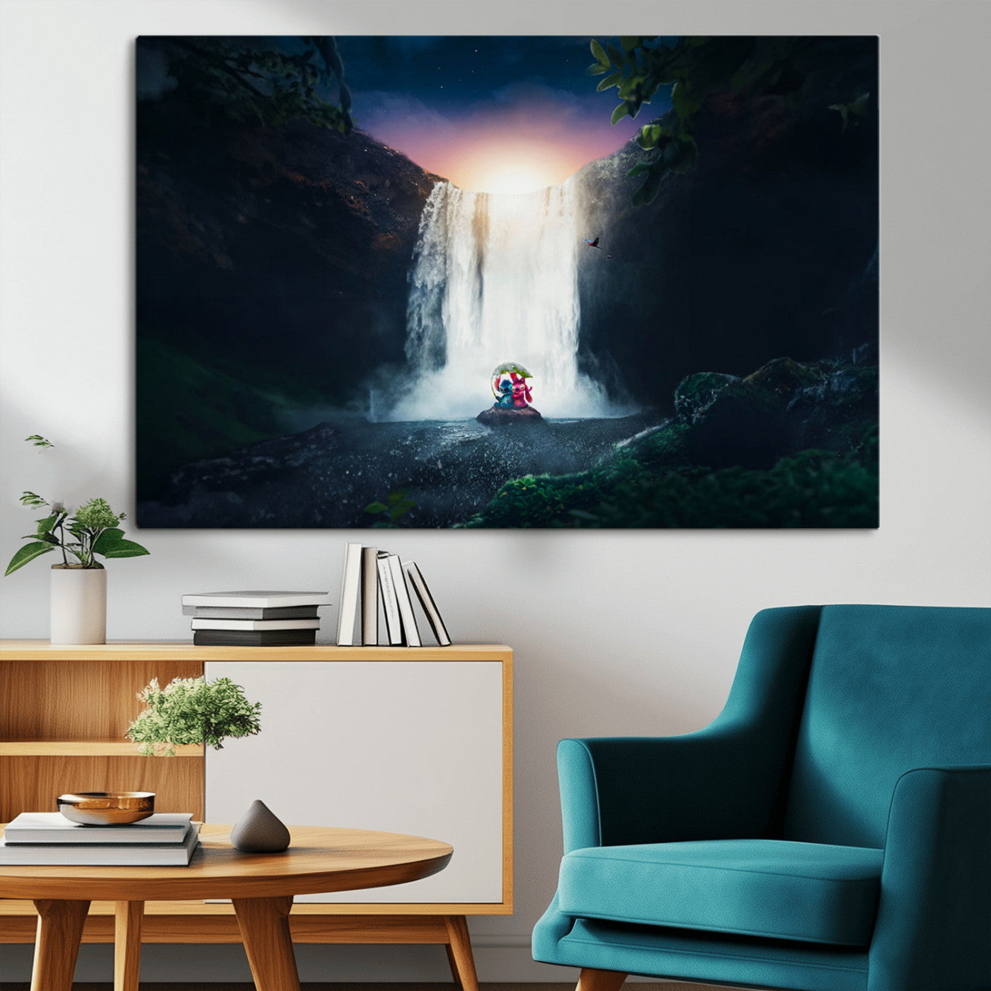 56359-MGV-CV-36X24-Lilo Stitch Wall Art Canvas Print, Framed Stitch Angel Art Picture Print, Cartoon Waterfall Perfect Tropical Fantasy Decor Artwork
