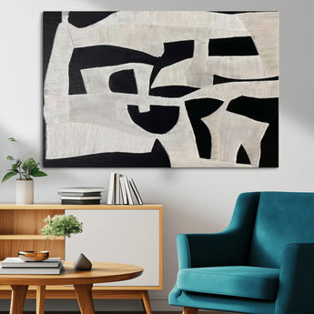 33714-MGV-CV-36X24-Monochrome Design Wall Art Canvas Print, Framed Modern Linework Art Picture Print, Textured Shapes Perfect Monochrome Modern Decor