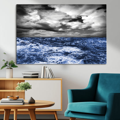 91043-MGV-CV-36X24-Stormy Ocean Wall Art Canvas Print, Framed Moody Seascape Art Picture Print, Monochrome Sea Perfect Coastal Drama Decor Artwork