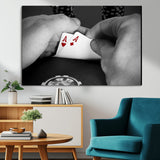 62460-MGV-CV-36X24-Poker Game Wall Art – Close Up of Hands Holding Aces with Chips, Casino Style Decor for Game Room, Man Cave or Office