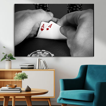 62460-MGV-CV-36X24-Poker Game Wall Art – Close Up of Hands Holding Aces with Chips, Casino Style Decor for Game Room, Man Cave or Office