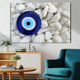 48883-MGV-CV-36X24-Evil Eye Wall Art – Deep Blue Symbol of Presence and Calm on White Stones, Subtle Spiritual Decor for Entryway, Studio, Office or