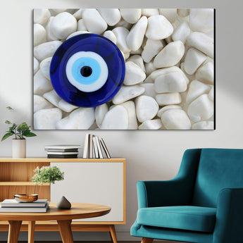 48883-MGV-CV-36X24-Evil Eye Wall Art – Deep Blue Symbol of Presence and Calm on White Stones, Subtle Spiritual Decor for Entryway, Studio, Office or