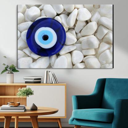 48883-MGV-CV-36X24-Evil Eye Wall Art – Deep Blue Symbol of Presence and Calm on White Stones, Subtle Spiritual Decor for Entryway, Studio, Office or