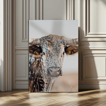 50803532-MGV-CV-24X36-Texas Longhorn Wall Art Canvas Print, Framed Speckled Cow Art Picture Print, Horned Bull Perfect Rustic Western Decor Artwork
