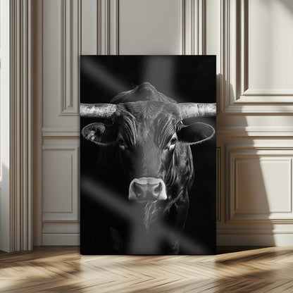 75358747-MGV-CV-24X36-Texas Longhorn Wall Art Canvas Print, Framed Monochrome Bull Art Picture Print, Horned Bull Perfect Minimalist Western Decor
