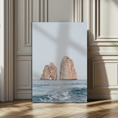 23148844-MGV-CV-24X36-Faraglioni Capri Wall Art Canvas Print, Framed Serene Ocean Art Picture Print, Mediterranean Coastal Perfect Mediterranean