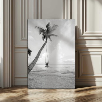 78460277-MGV-CV-24X36-Black White Palms Wall Art Canvas Print, Framed Beach Swing Art Picture Print, Monochrome Coastal Perfect Minimalist Coastal Decor