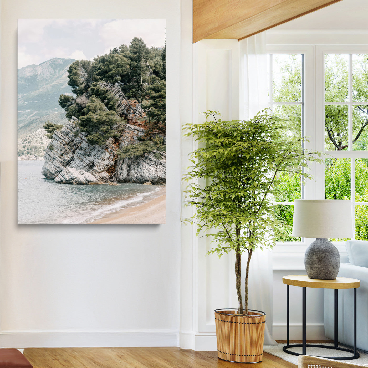 28003346-MGV-CV-24X36-Beach Trees Wall Art Canvas Print, Framed Earthy Beachside Art Picture Print, Beachside Nature Perfect Rustic Coastal Decor