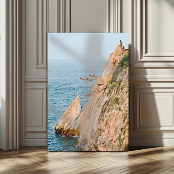 74527880-MGV-CV-24X36-Cliff Divers Wall Art Canvas Print, Framed Ocean Adventure Art Picture Print, Coastal Movement Perfect Adventurous Coastal Decor