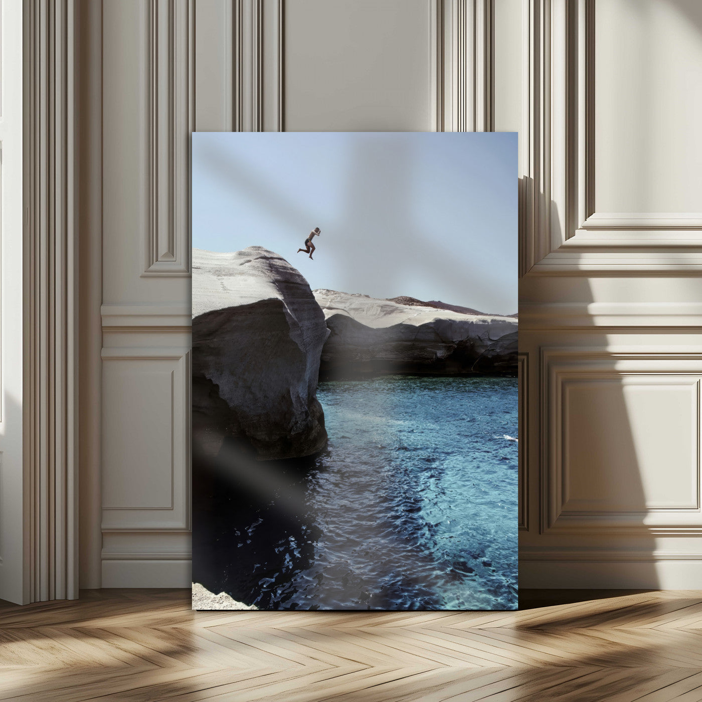 96853328-MGV-CV-24X36-Cliff Diving Wall Art Canvas Print, Framed Turquoise Sea Art Picture Print, Ocean Adventure Perfect Coastal Minimalist Decor