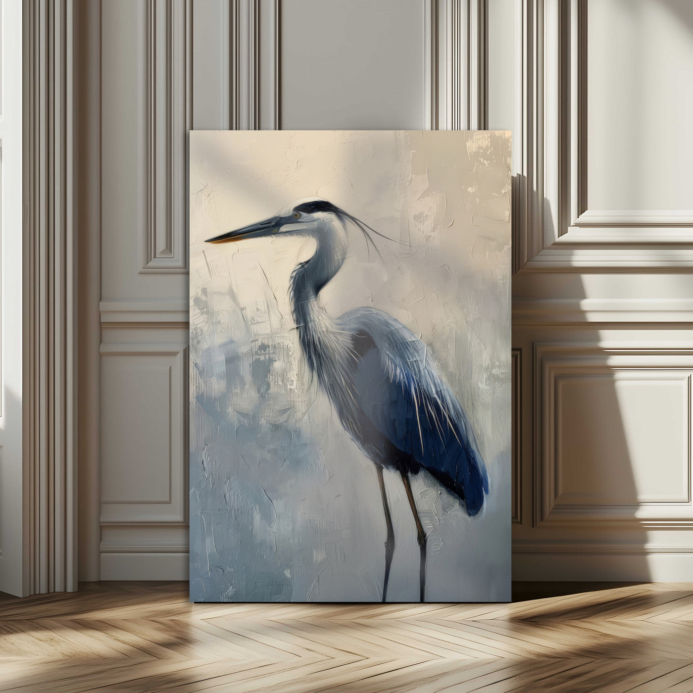 68368019-MGV-CV-24X36-Blue Heron Art Wall Art Canvas Print, Framed Crane Bird Painting Art Picture Print, Elegant Wildlife Scene Perfect Coastal