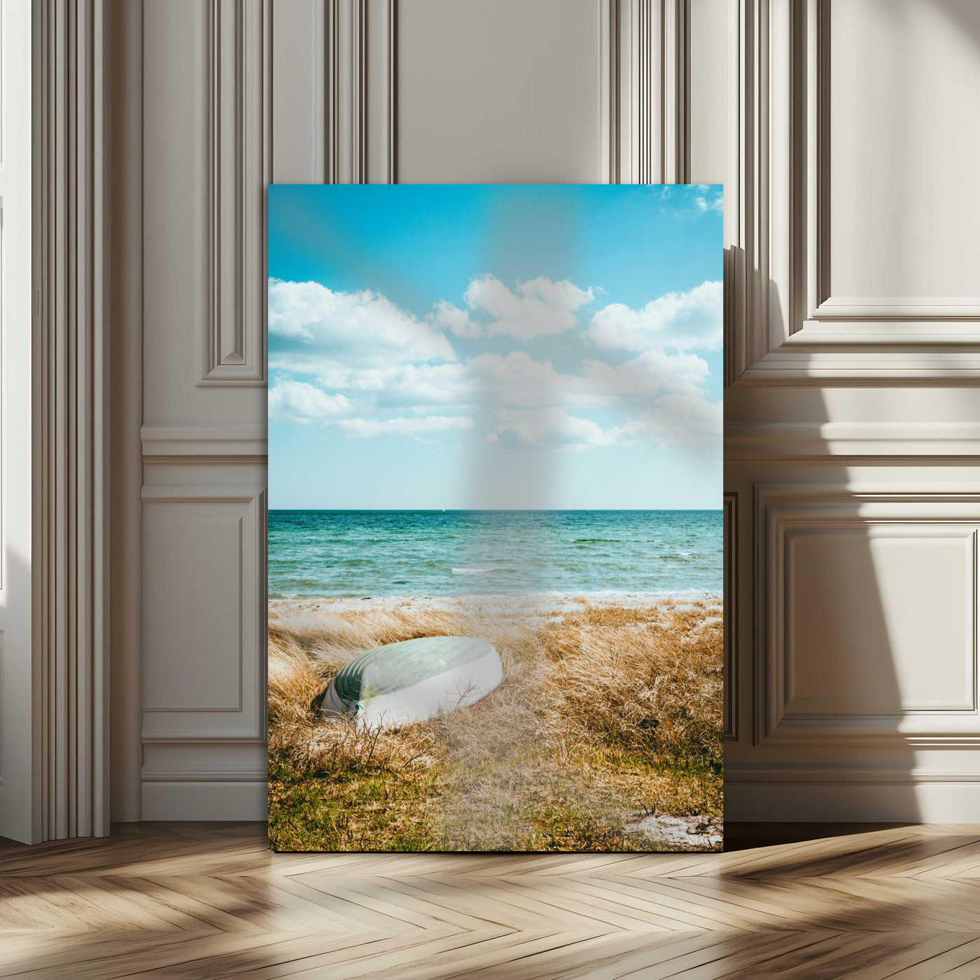 21725303-MGV-CV-24X36-Coastal Serenity Wall Art Canvas Print, Framed Ocean View Art Picture Print, Rustic Boat Perfect Nautical Coastal Decor Artwork