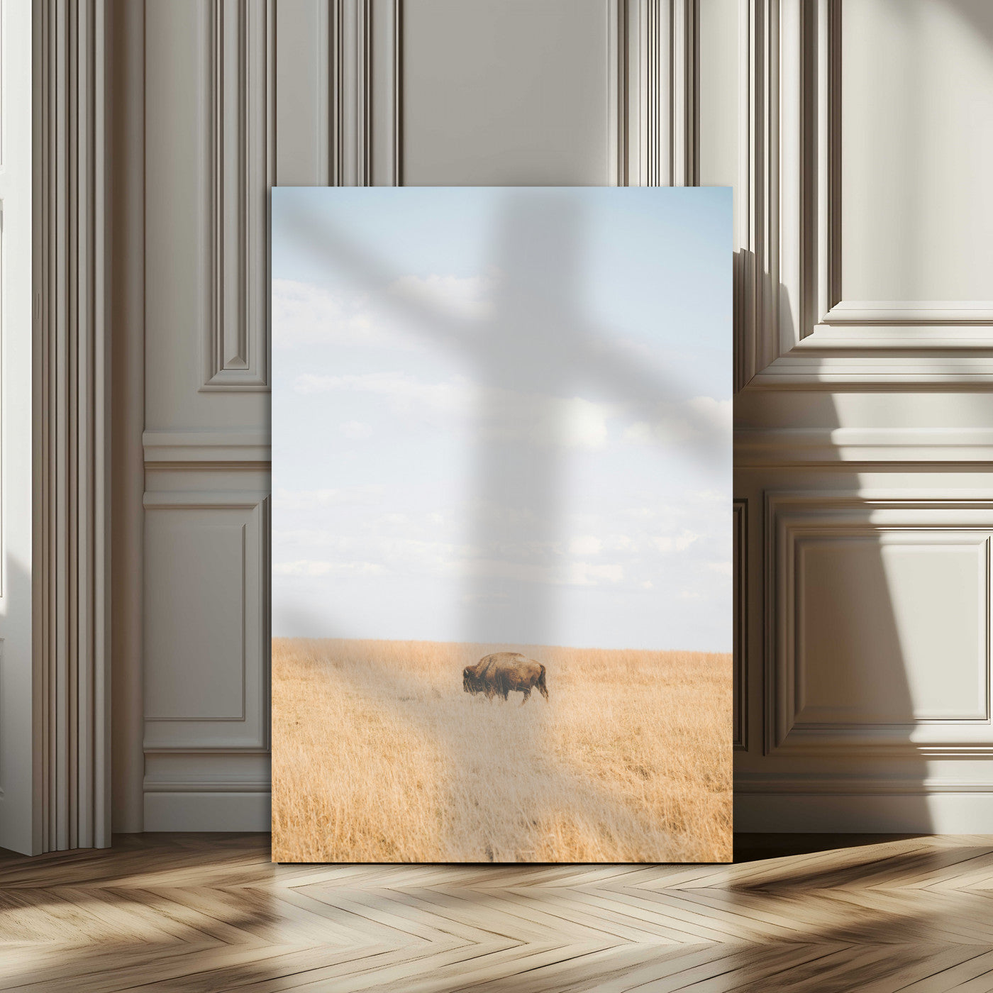 96766166-MGV-CV-24X36-Minimalist Nature Wall Art Canvas Print, Framed Bison In Grassland Art Picture Print, Open Field Perfect Modern Ranch Decor Decor