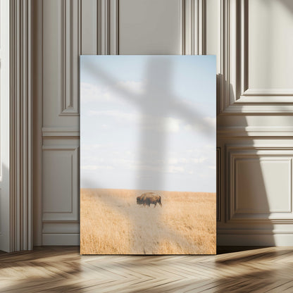 96766166-MGV-CV-24X36-Minimalist Nature Wall Art Canvas Print, Framed Bison In Grassland Art Picture Print, Open Field Perfect Modern Ranch Decor Decor