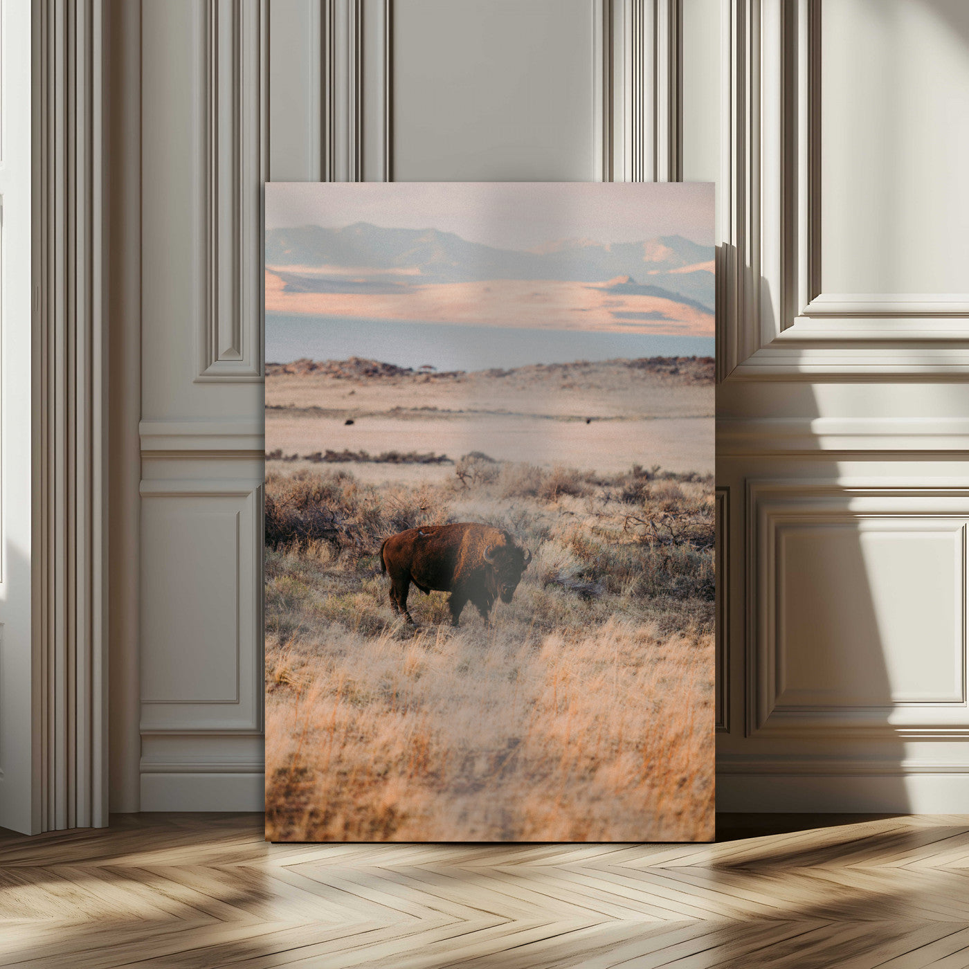 75146693-MGV-CV-24X36-Solitary Buffalo Wall Art Canvas Print, Framed Golden Prairie Art Picture Print, Earthy Tones Perfect Rustic Western Decor Artwork