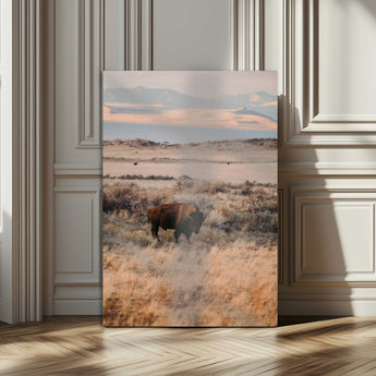 75146693-MGV-CV-24X36-Solitary Buffalo Wall Art Canvas Print, Framed Golden Prairie Art Picture Print, Earthy Tones Perfect Rustic Western Decor Artwork