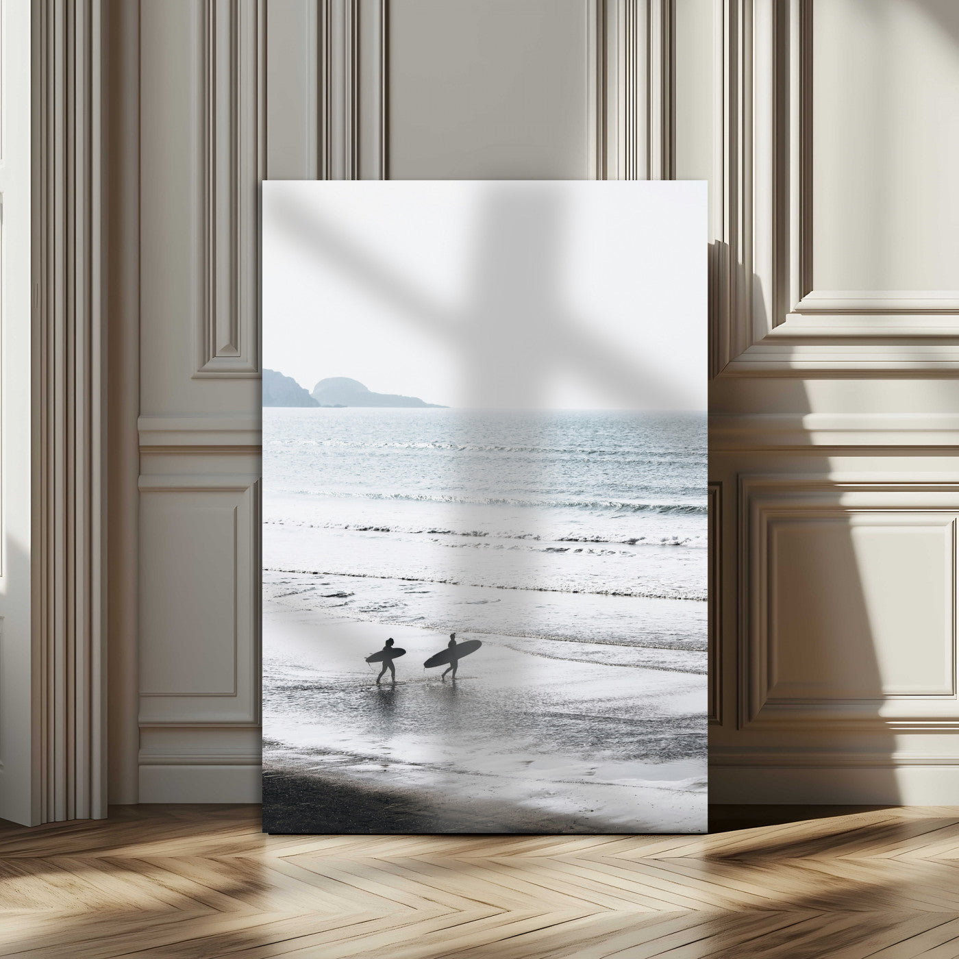 58090796-MGV-CV-24X36-Surfer Silhouettes Wall Art Canvas Print, Framed Minimalist Ocean Art Picture Print, Soft Horizon Perfect Minimalist Coastal Decor