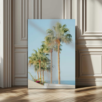 46777020-MGV-CV-24X36-Palm Tree Wall Art – Coastal Canvas Print with Tall Palms and Blue Sky, Minimal Tropical Photography, Relaxing Beach Decor for