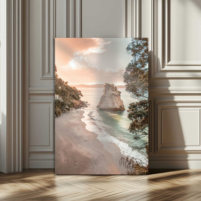 34220311-MGV-CV-24X36-Coastal Rock Wall Art – Sunset Beach Canvas Print with Ocean Waves and Golden Light, Scenic Seaside Photography for Bedroom,