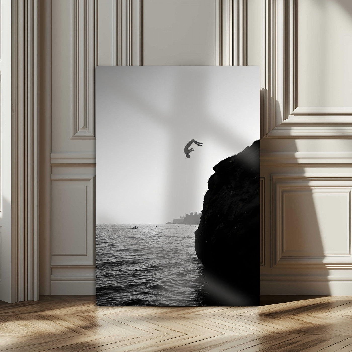 36618494-MGV-CV-24X36-Modern Wall Art – Cliff Diver Black and White Canvas Print, Bold Ocean Photography Decor for Bedroom, Living Room, Office, Coastal