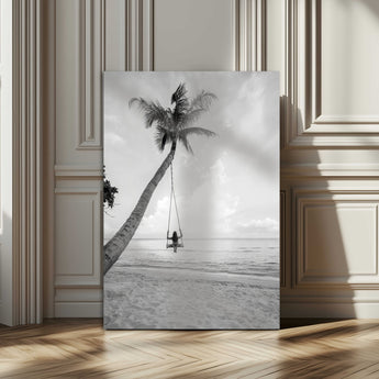 41303063-MGV-CV-24X36-Coastal Wall Art – Palm Tree Swing Black and White Canvas Print, Tropical Beach Photography Decor for Bedroom, Living Room,