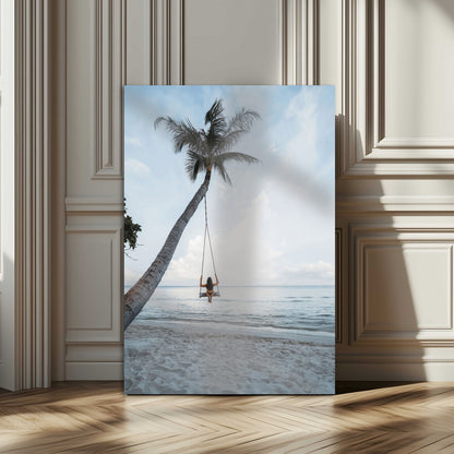 62893825-MGV-CV-24X36-Tropical Palm Tree Swing Wall Art – Ocean Beach Photography Print, Coastal Decor, Wanderlust Travel Photo for Boho Homes & Beach