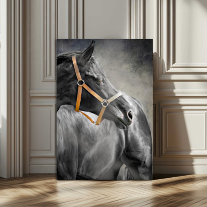 40324916-MGV-CV-24X36-Horse Wall Art – Equestrian Canvas Print, Elegant Black Stallion Portrait with Golden Halter, Rustic Western Photography Decor for