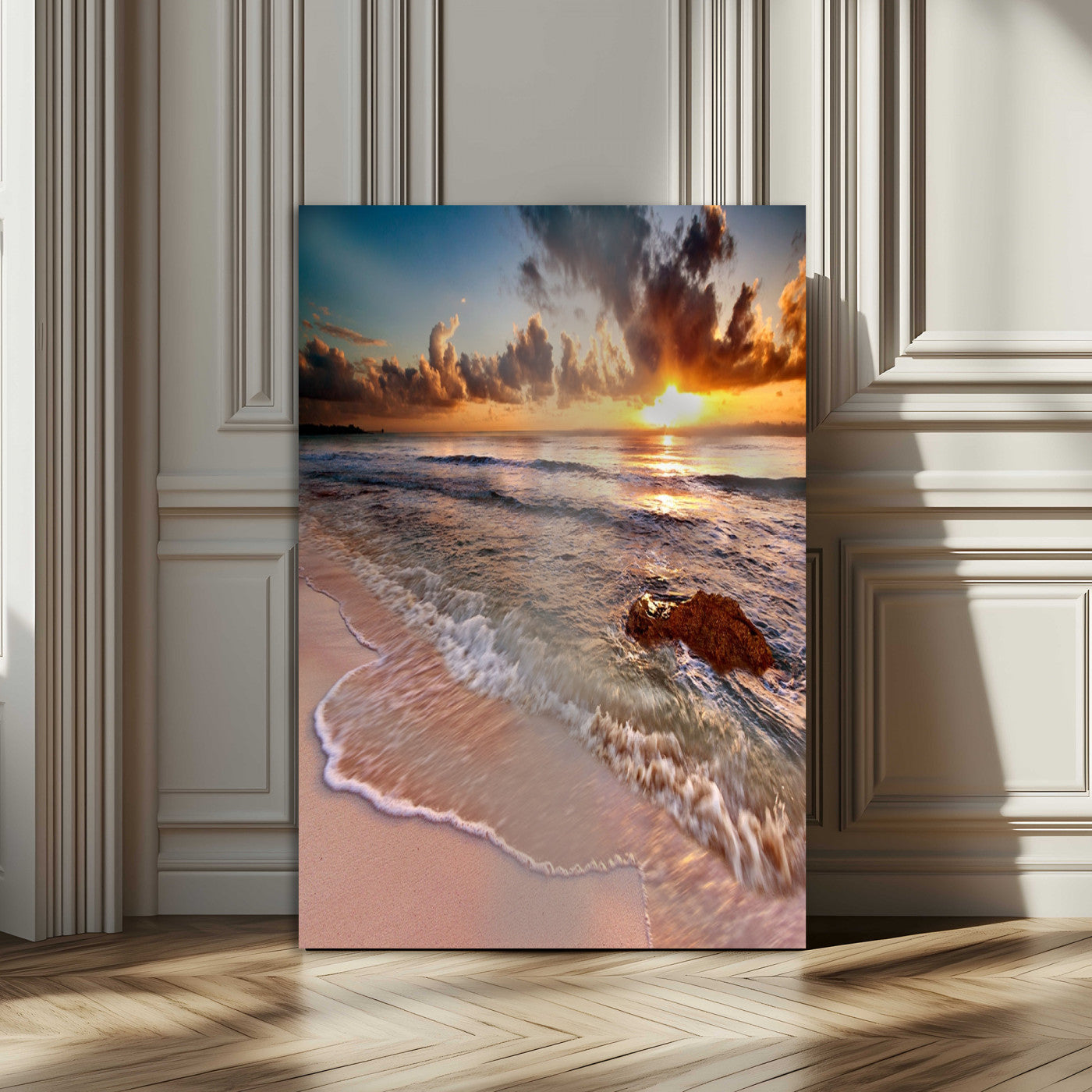 14930-MGV-CV-24X36-Beach Sunset Wall Art Canvas Print, Framed Ocean Horizon Art Picture Print, Tropical Shore Perfect Minimalist Coastal Decor