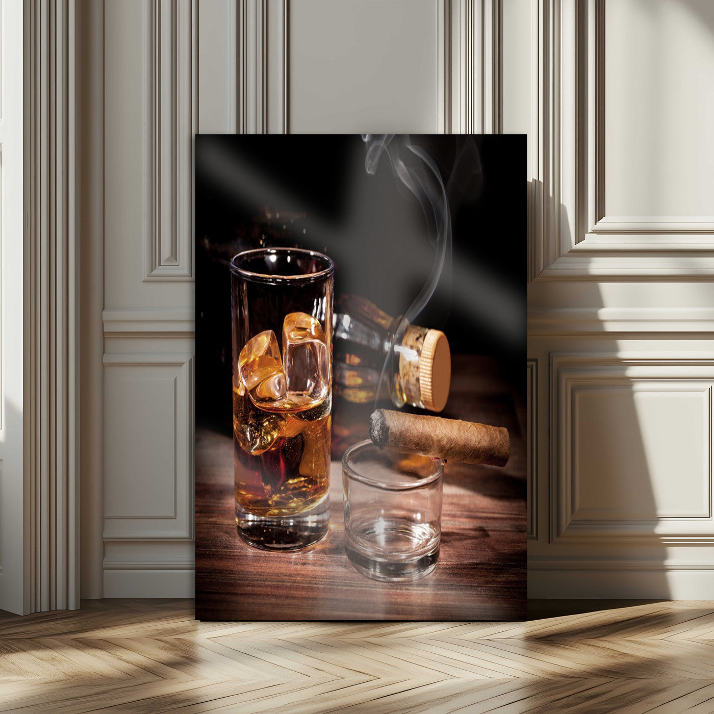 13274-MGV-CV-24X36-Whiskey Glass Wall Art Canvas Print, Framed Smoking Cigar Art Picture Print, Amber Whiskey Perfect Masculine Rustic Decor Artwork