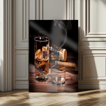 13274-MGV-CV-24X36-Whiskey Glass Wall Art Canvas Print, Framed Smoking Cigar Art Picture Print, Amber Whiskey Perfect Masculine Rustic Decor Artwork
