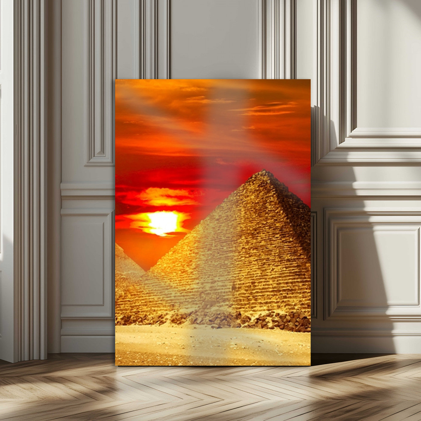 13047-MGV-CV-24X36-Pyramids Giza Wall Art – Golden Sunset Egypt Canvas Print, Ancient World Landmark Photography Decor for Living Room, Office, Study