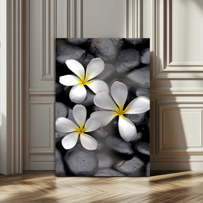 45657-MGV-CV-24X36-Large Wall Art White Flowers on Black Zen Meditation Stones Vertical Canvas Print