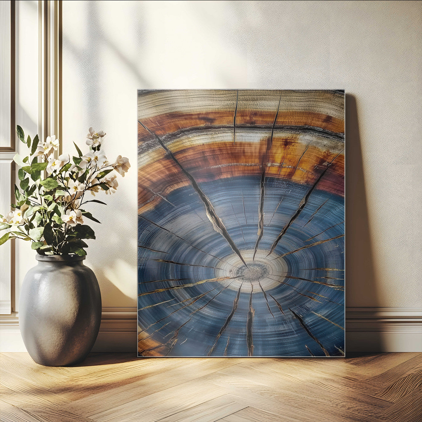 58959380-MGV-CV-24X36-Tree Rings Wall Art Canvas Print, Framed Wood Texture Art Picture Print, Blue Grain Perfect Rustic Modern Decor Artwork