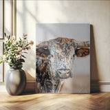 50803532-MGV-CV-24X36-Texas Longhorn Wall Art Canvas Print, Framed Speckled Cow Art Picture Print, Horned Bull Perfect Rustic Western Decor Artwork