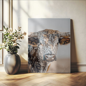 50803532-MGV-CV-24X36-Texas Longhorn Wall Art Canvas Print, Framed Speckled Cow Art Picture Print, Horned Bull Perfect Rustic Western Decor Artwork