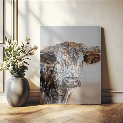 50803532-MGV-CV-24X36-Texas Longhorn Wall Art Canvas Print, Framed Speckled Cow Art Picture Print, Horned Bull Perfect Rustic Western Decor Artwork