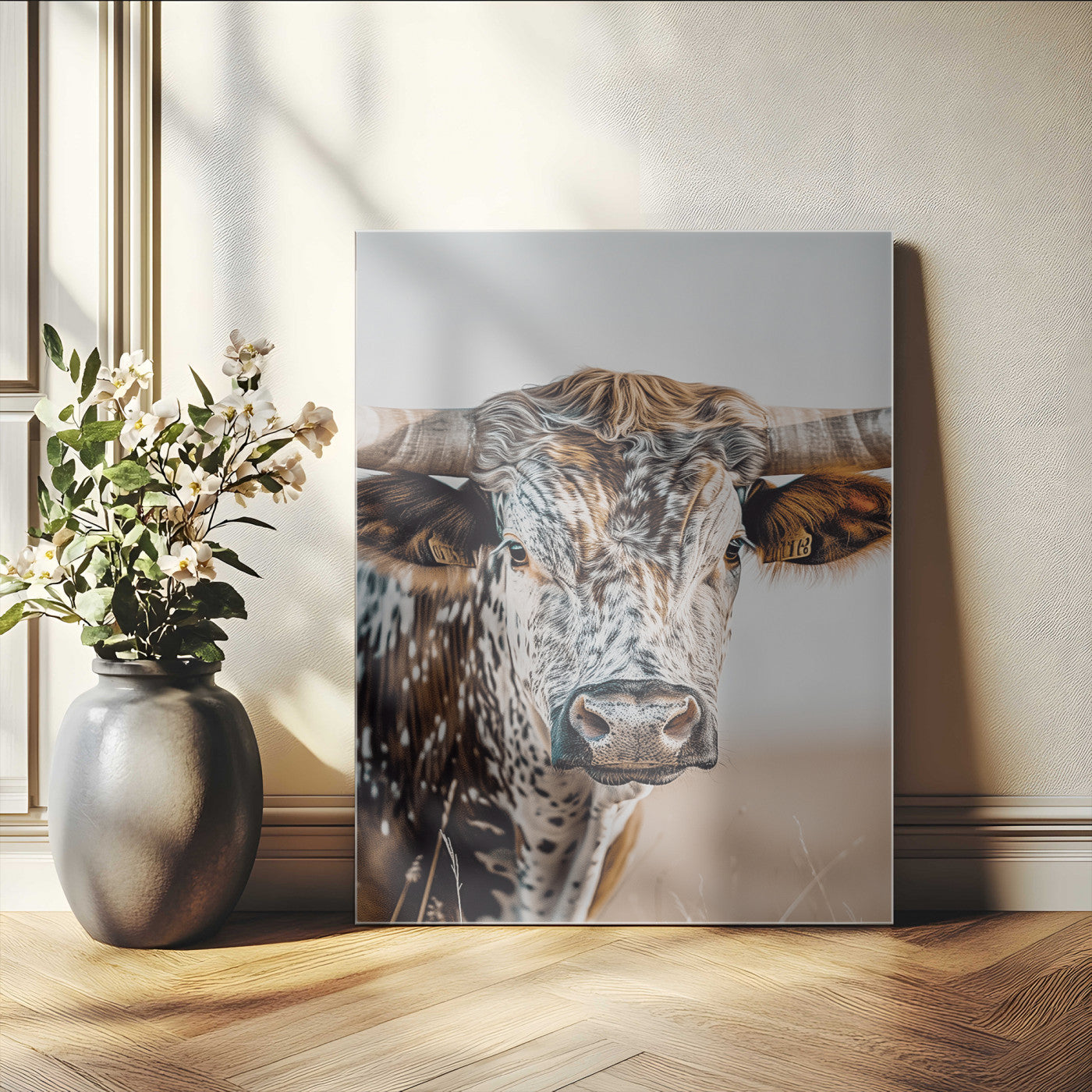 50803532-MGV-CV-24X36-Texas Longhorn Wall Art Canvas Print, Framed Speckled Cow Art Picture Print, Horned Bull Perfect Rustic Western Decor Artwork