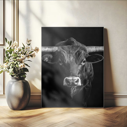 75358747-MGV-CV-24X36-Texas Longhorn Wall Art Canvas Print, Framed Monochrome Bull Art Picture Print, Horned Bull Perfect Minimalist Western Decor