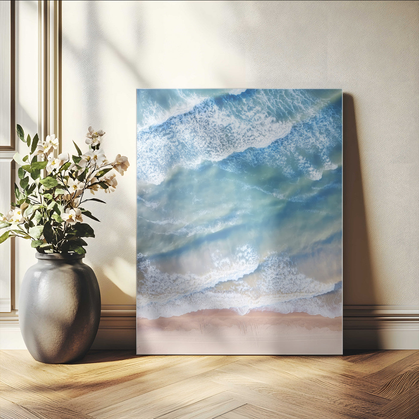 81208260-MGV-CV-24X36-Aerial Ocean Wall Art Canvas Print, Framed Blue Waves Art Picture Print, Sandy Shoreline Perfect Modern Coastal Decor Artwork
