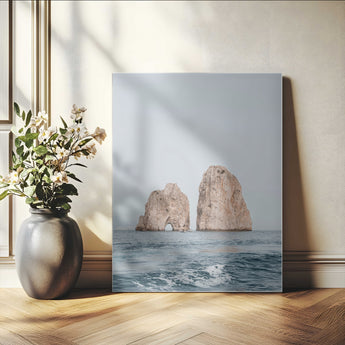 23148844-MGV-CV-24X36-Faraglioni Capri Wall Art Canvas Print, Framed Serene Ocean Art Picture Print, Mediterranean Coastal Perfect Mediterranean